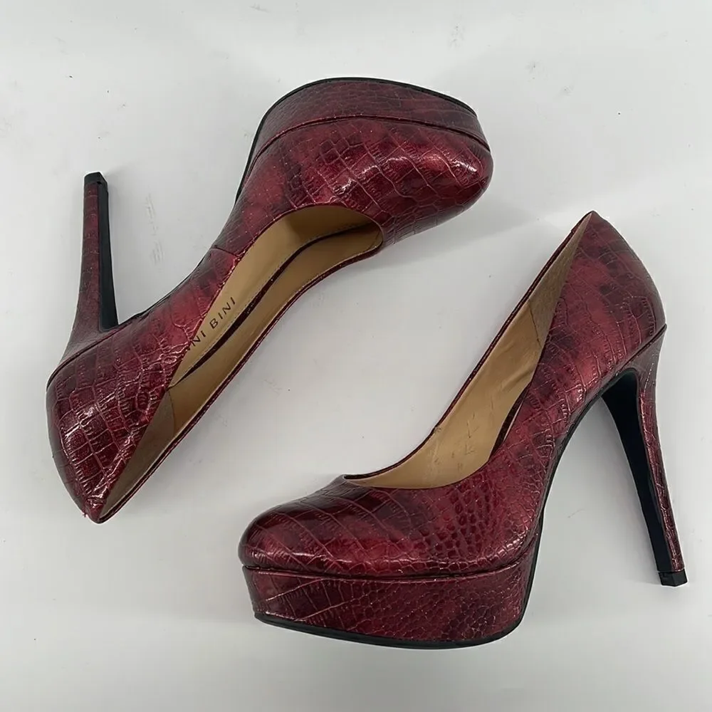 Gianni Bini wine red faux python print metallic platform heel heels shoes NWOT